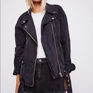 Oversized Free People Black Denim Moto Jacket (M)